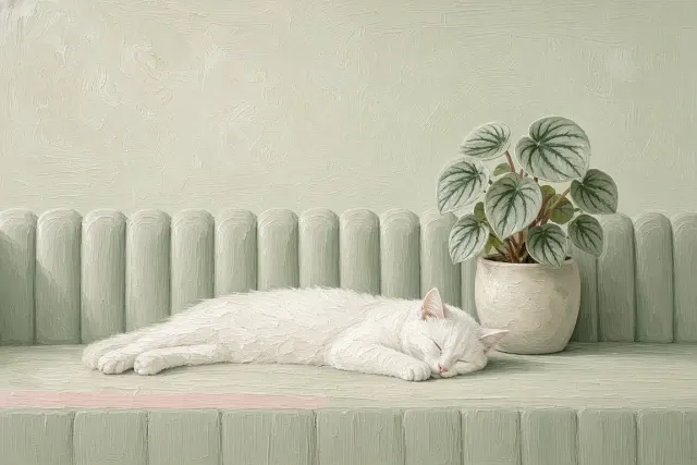 Tea Green Fluted Settee with Sphinx-Asleep Cat and Potted Peperomia