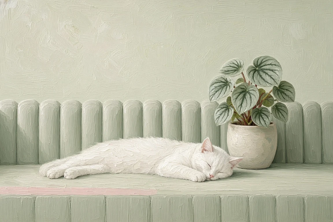 Tea Green Fluted Settee with Sphinx-Asleep Cat and Potted Peperomia