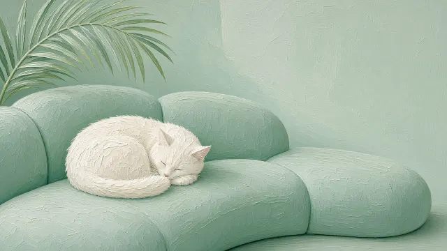 Minimalist Phone Wallpaper of Cat Sleeping on Seafoam Curved Sofa
