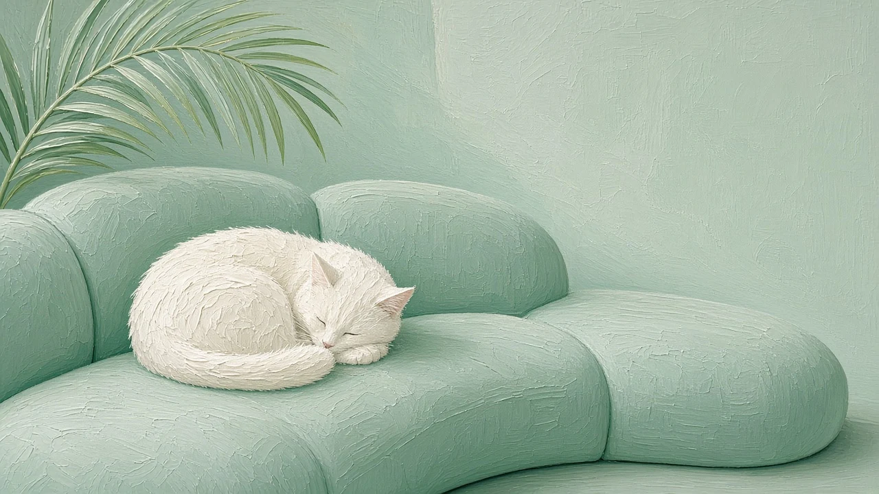 Minimalist Phone Wallpaper of Cat Sleeping on Seafoam Curved Sofa