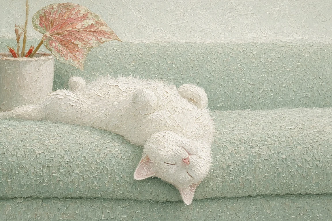 Pale Mint Wool Couch with Draped Asleep Cat and Polka Dot Begonia