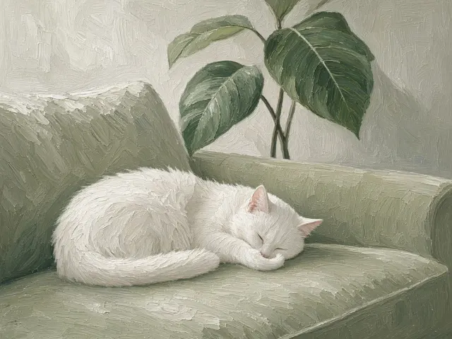 Chalky Pistachio Lawson Sofa with Cat and Ficus Audrey Leaves
