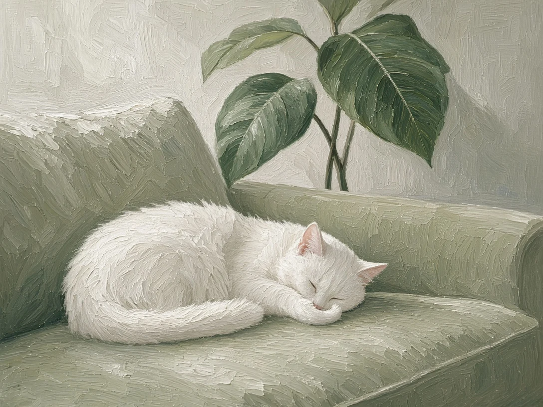 Chalky Pistachio Lawson Sofa with Cat and Ficus Audrey Leaves