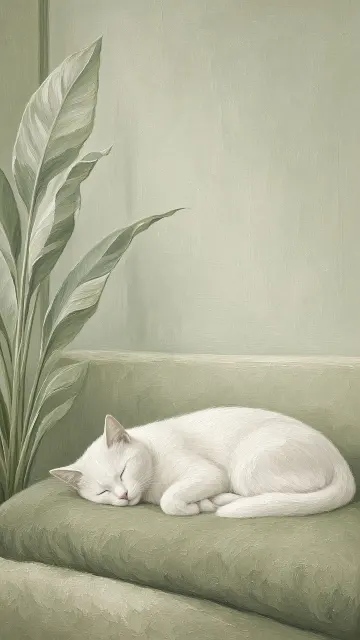 Celery Green Banquette with Stretched Cat and Bird of Paradise