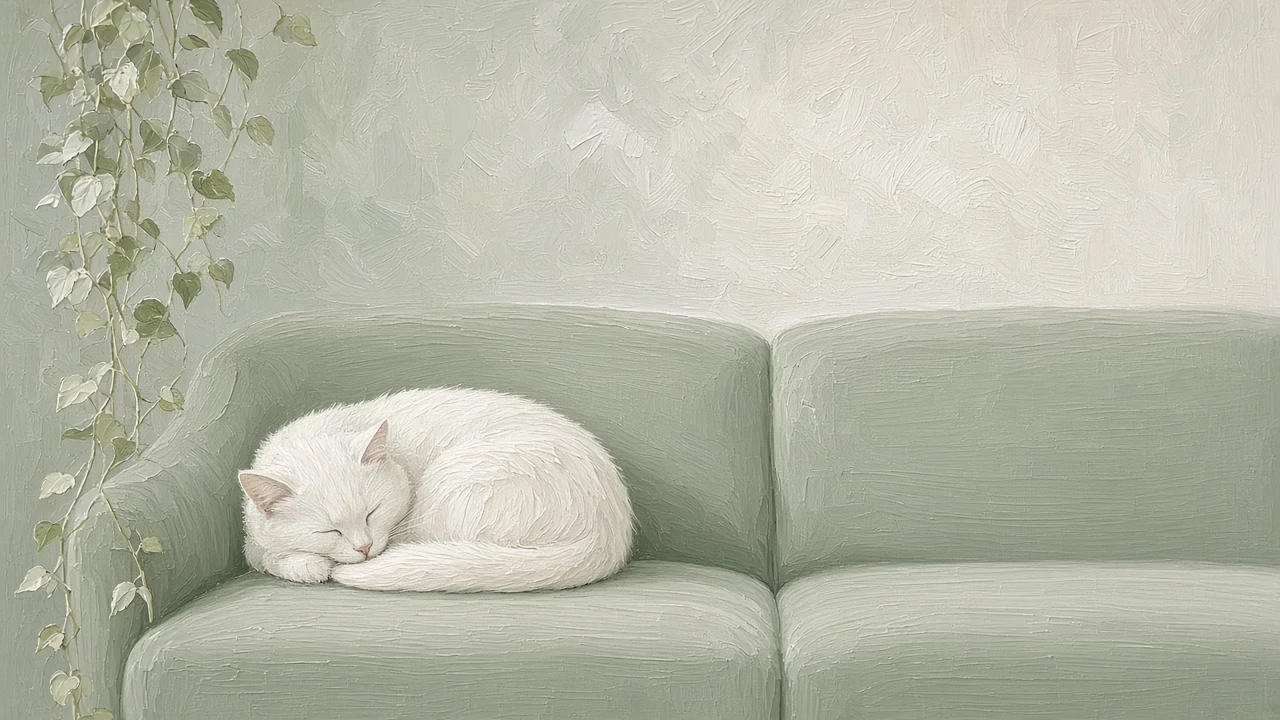Sage Wash Loveseat with Tucked Cat and Creeping Fig Vine