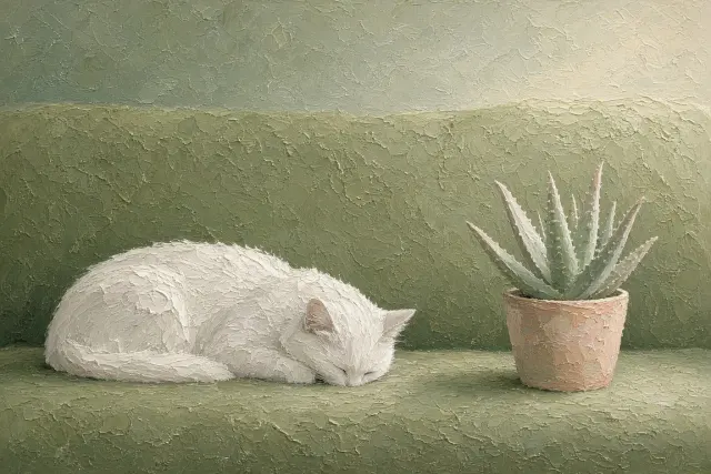 Thyme Felt Sofa with Face-Down Sleeping Cat and Miniature Aloe