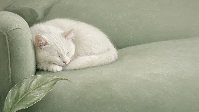 Spruce Velvet Couch with Side-Sleeping Cat and Peace Lily Leaf
