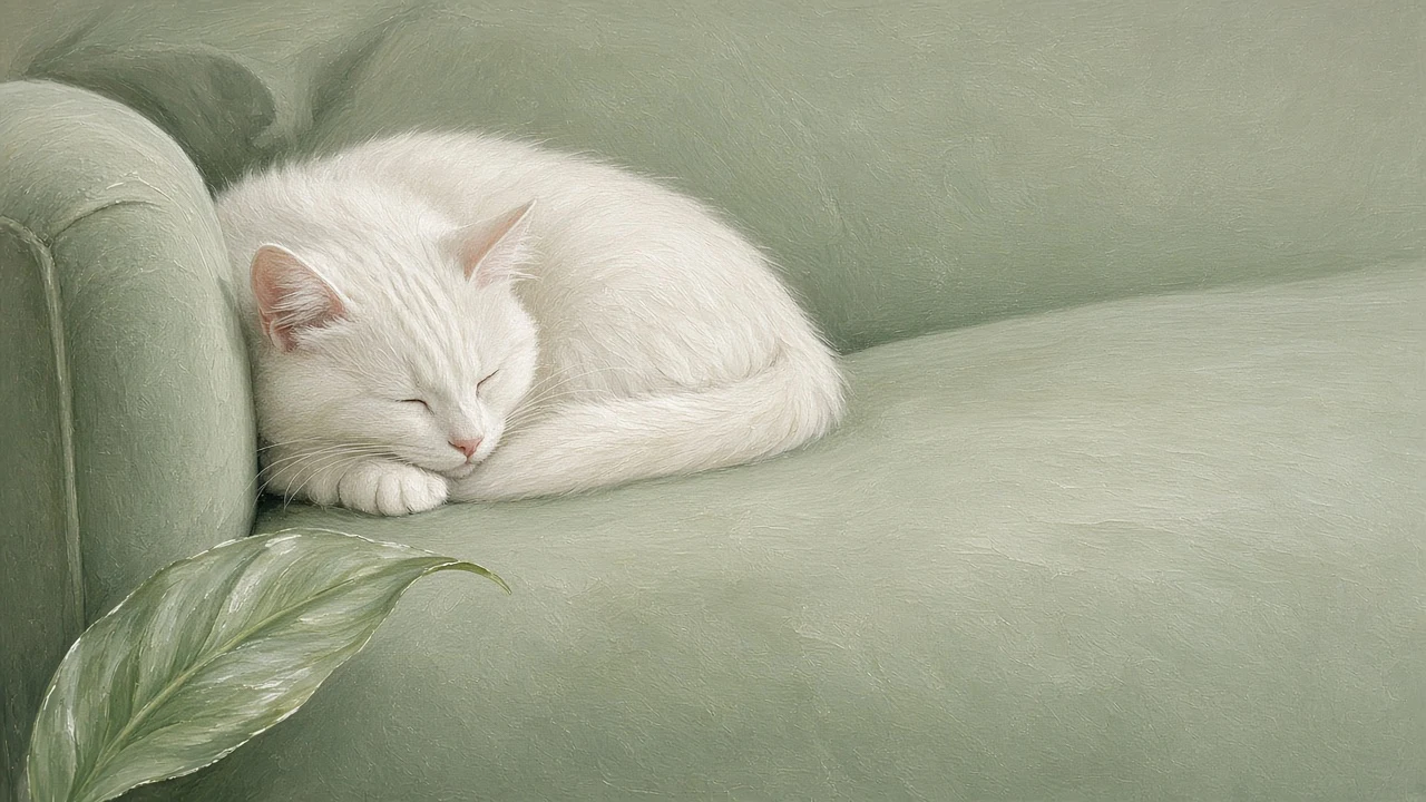 Spruce Velvet Couch with Side-Sleeping Cat and Peace Lily Leaf