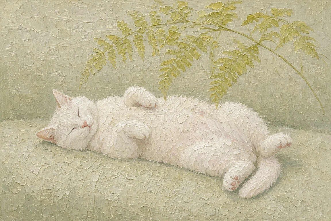 Lichen Green Linen Couch with Floating-Pose Cat and Boston Fern
