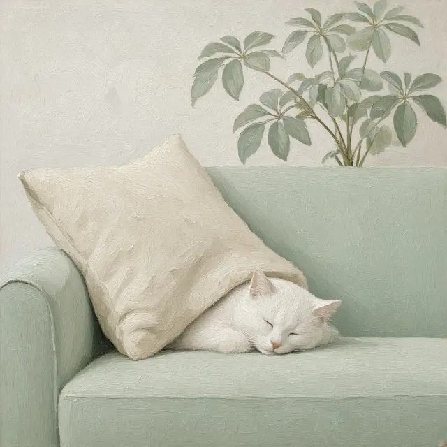 Celadon Settee with Cat Tucked by Pillow and Umbrella Plant