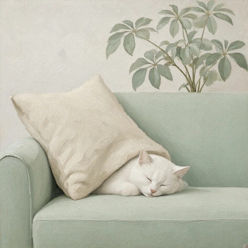 Celadon Settee with Cat Tucked by Pillow and Umbrella Plant