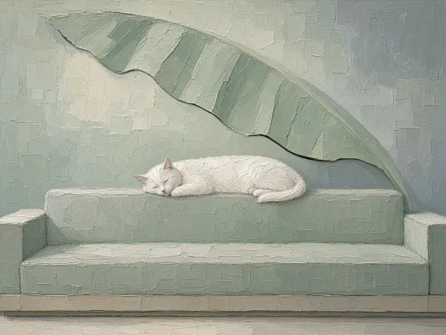 Sea Spray Green Couch with Backrest-Perched Sleeping Cat and Banana Leaf