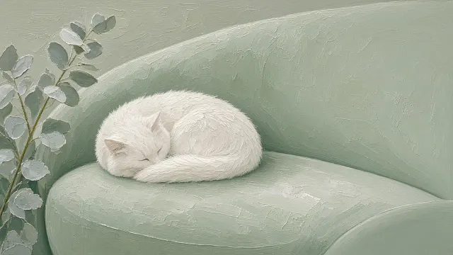 Willow Green Curved Couch with Crescent Cat and Eucalyptus Sprig