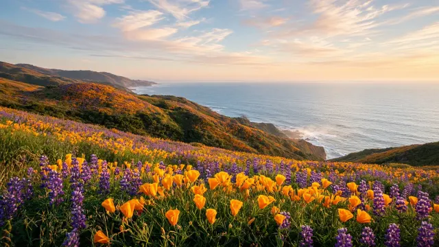Pacific Coastal Bluff Superbloom in Golden Evening Light