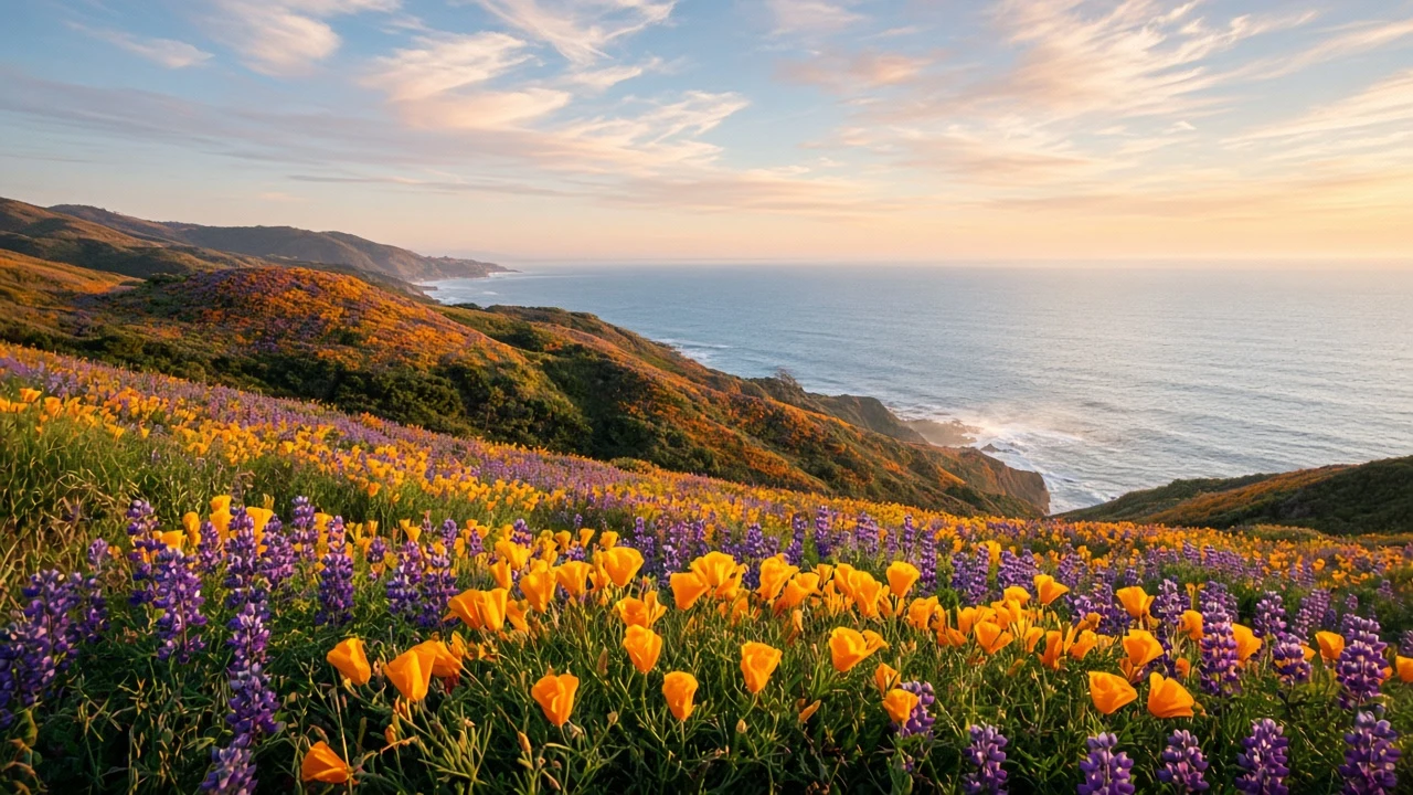 Pacific Coastal Bluff Superbloom in Golden Evening Light