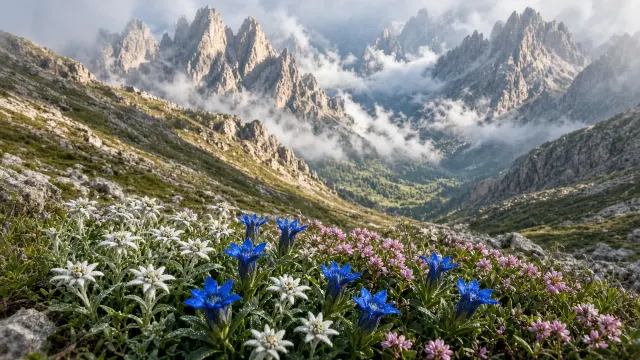 Dolomite Alpine Slope with Gentians and Limestone Pinnacles