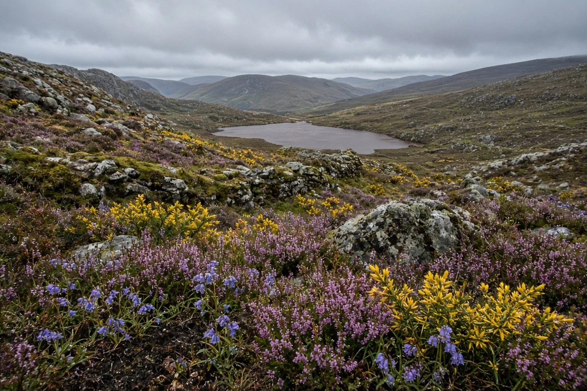 Scottish Highlands Moorland Ridge in Heather and Gorse Bloom