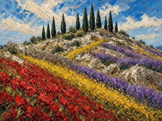 Impasto Oil Painting of Provence Terraced Lavender and Poppy Hill