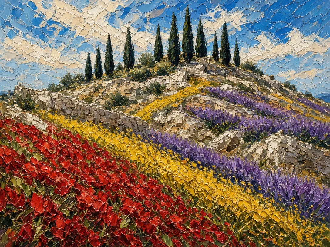Impasto Oil Painting of Provence Terraced Lavender and Poppy Hill