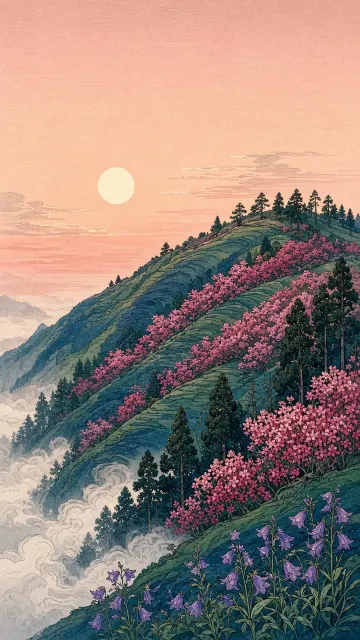 Shin-Hanga Woodblock Print of Foothill Azaleas and Bellflowers