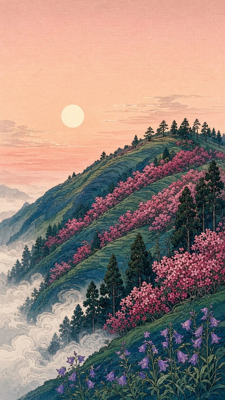 Shin-Hanga Woodblock Print of Foothill Azaleas and Bellflowers