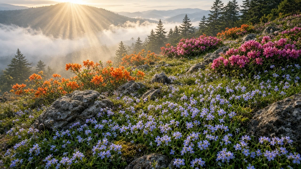 Appalachian Bald Ridgeline with Flame Azaleas and Bluets