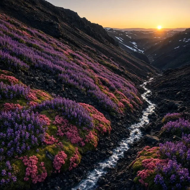 Icelandic Volcanic Slope with Alaskan Lupine and Midnight Sun