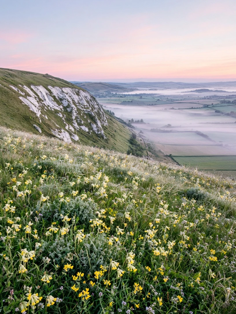 English South Downs Chalk Escarpment at Early Dawn