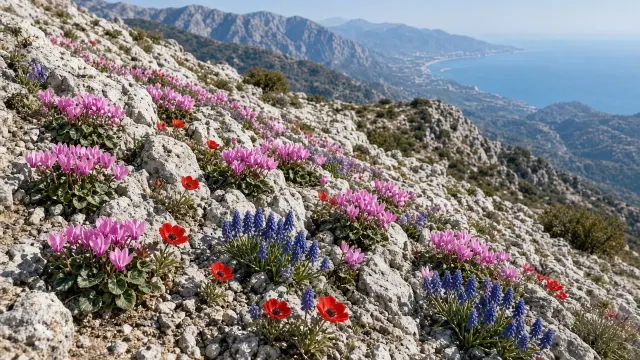 Taurus Mountains Limestone Scree with Wild Cyclamen and Anemones