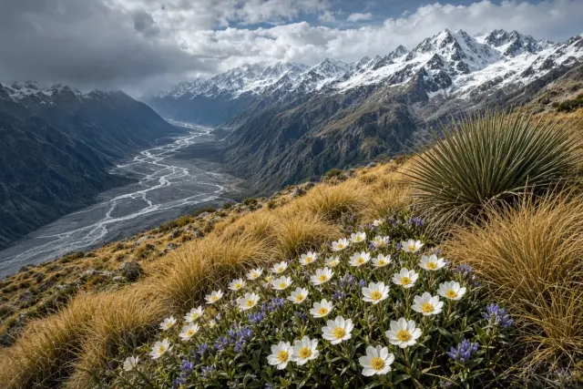 New Zealand Southern Alps Tussock Ridge with Giant Buttercups