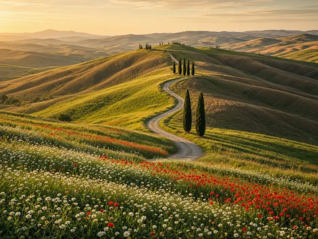 Tuscany Val d'Orcia Rolling Clay Hills with Wild Field Poppies