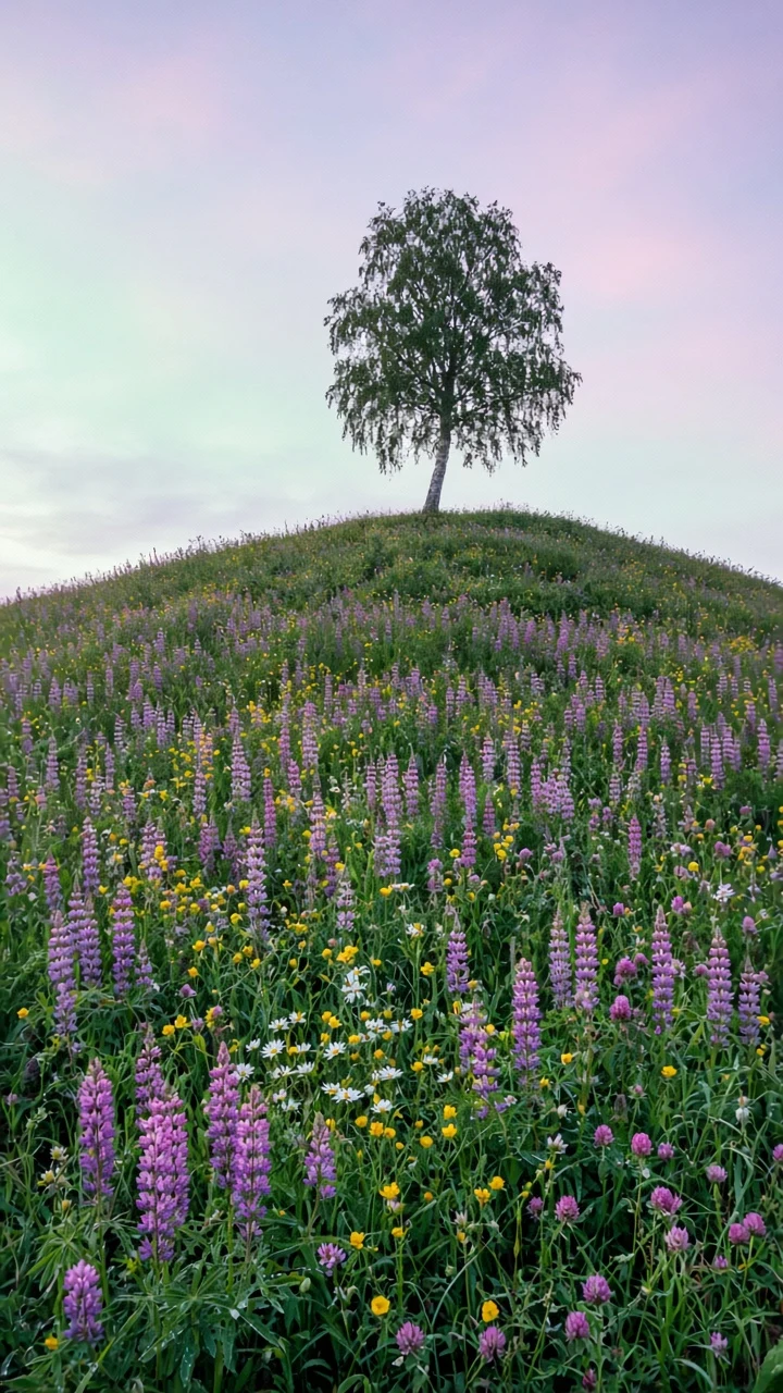 Nordic Midsummer Hillside Ascending Toward Twilight Sky