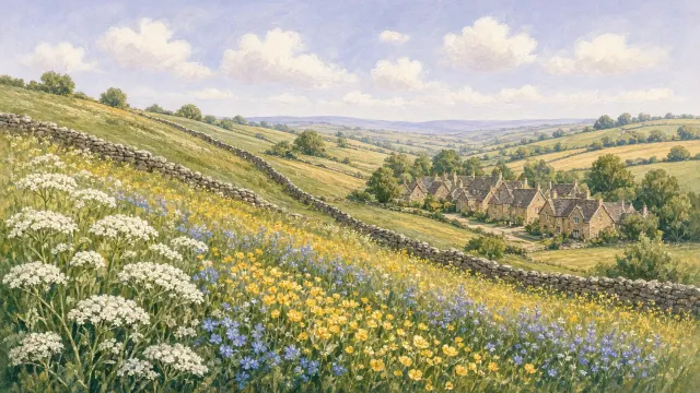 Gouache Painting of Cotswold Rolling Hills with Cow Parsley