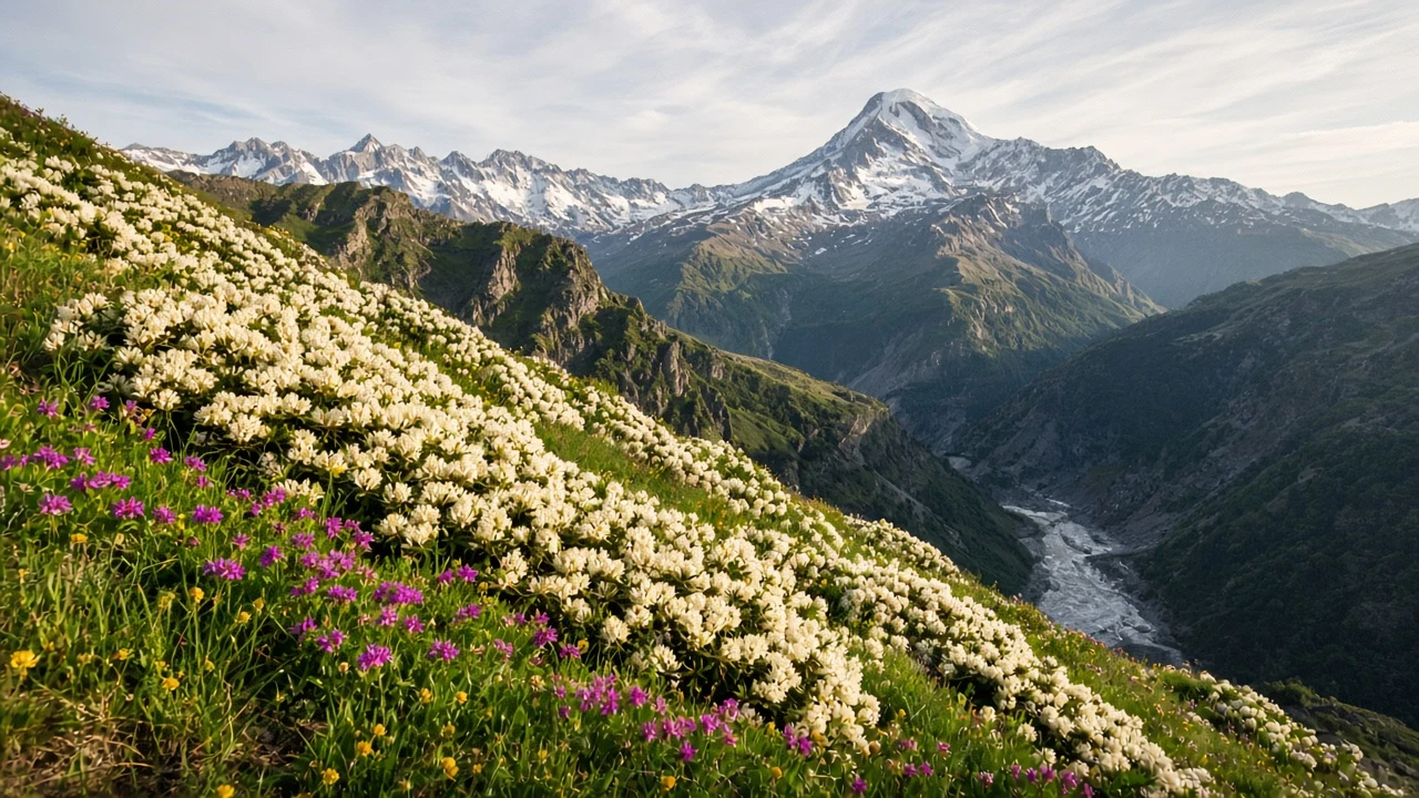 Panoramic Caucasus Mountain Incline with Endemic Rhododendrons