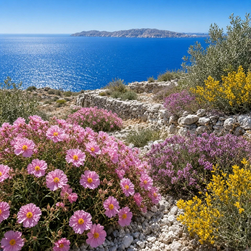 Aegean Island Terraced Hillside with Wild Cistus and Spiny Gorse