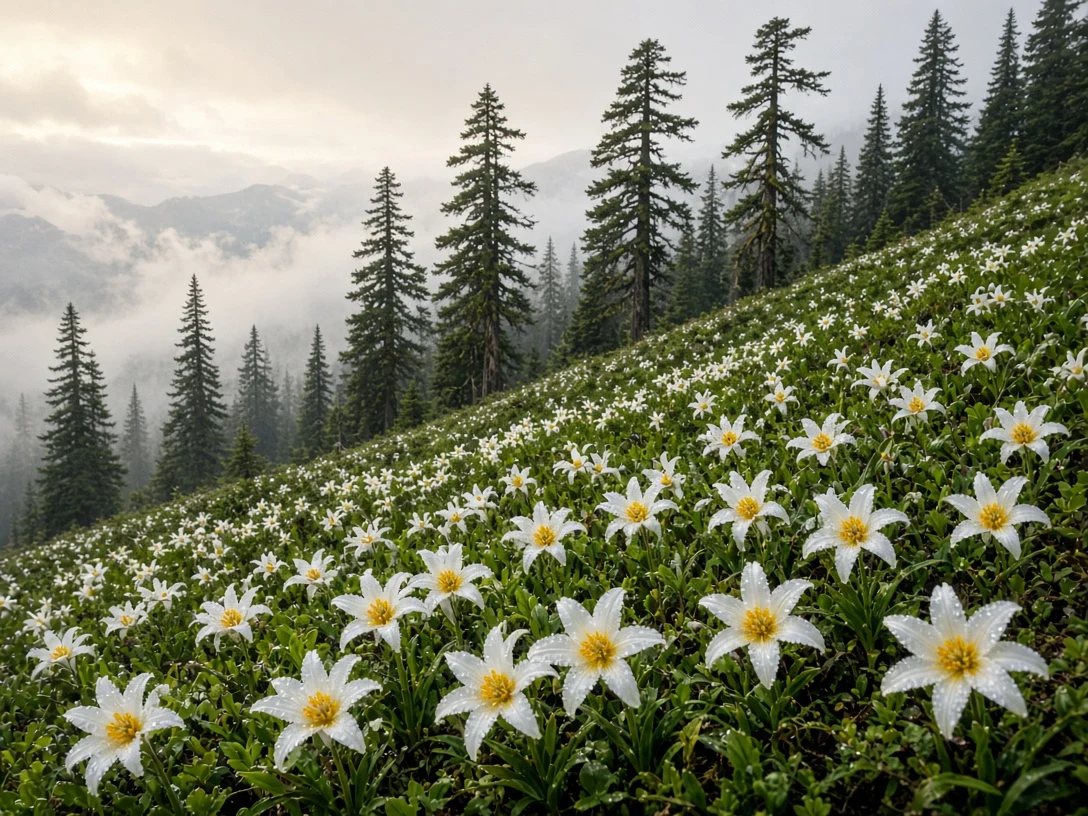 Low Angle Olympic Peninsula Mountain Incline with Avalanche Lilies