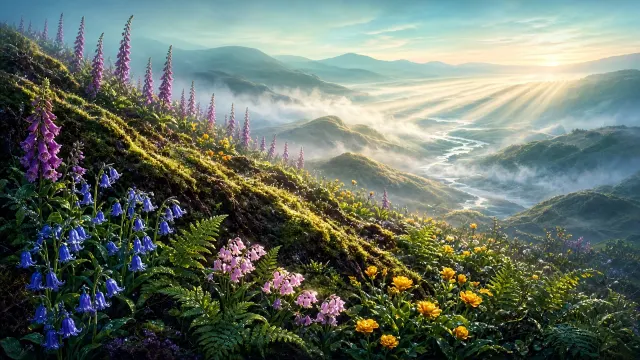 Highland Hillcrest Botanical Concept Art in Morning Dew