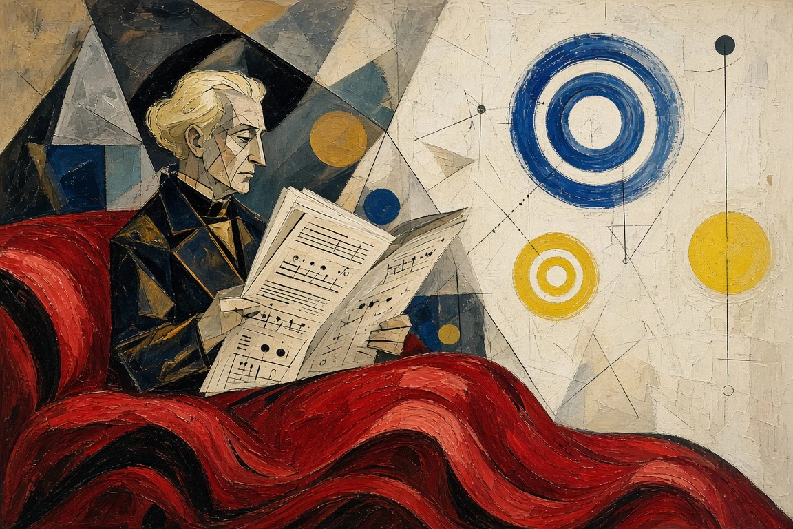 Bauhaus Symphony of Red Velvet and Flaxen Hair in Geometric Repose