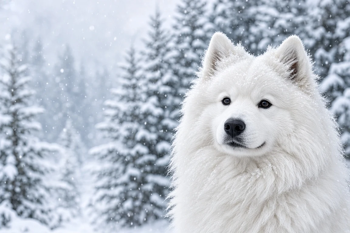Frost-Kissed Samoyed Close Portrait in Winter Snowfall