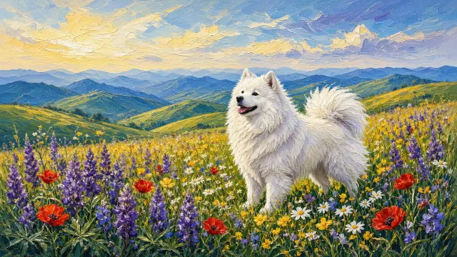 Impressionist Oil Painting of a Samoyed in a Sunlit Wildflower Meadow