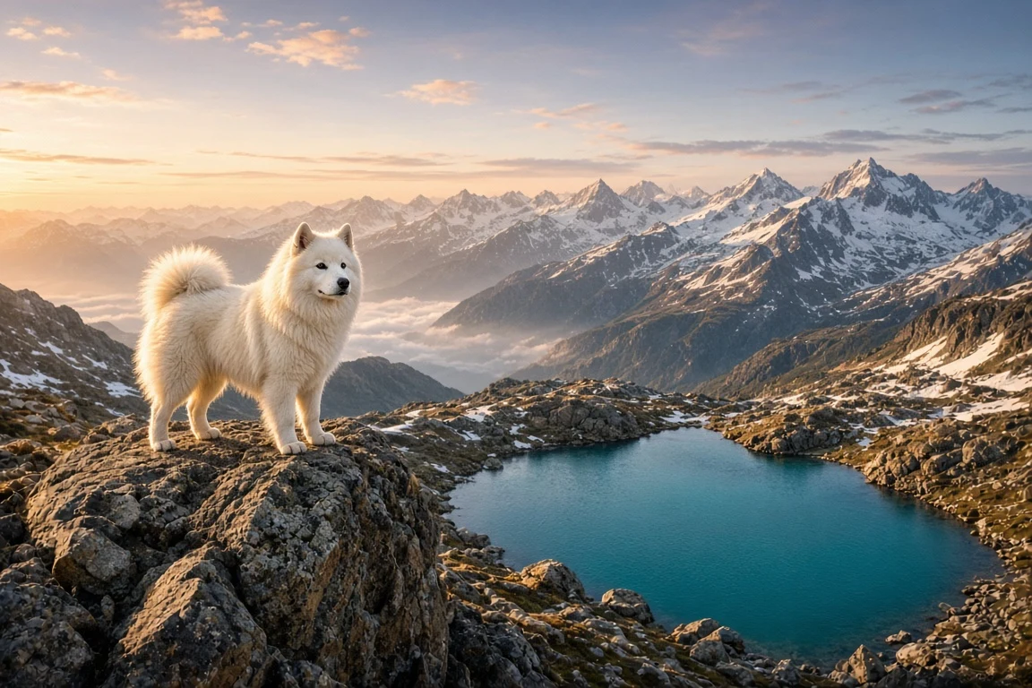 Alert Alpine Samoyed Perched on Glacial Granite Overlook