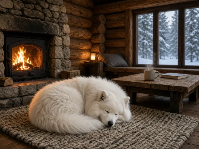 Cozy Scandinavian Hearthside Nap Beside Stacked Firewood