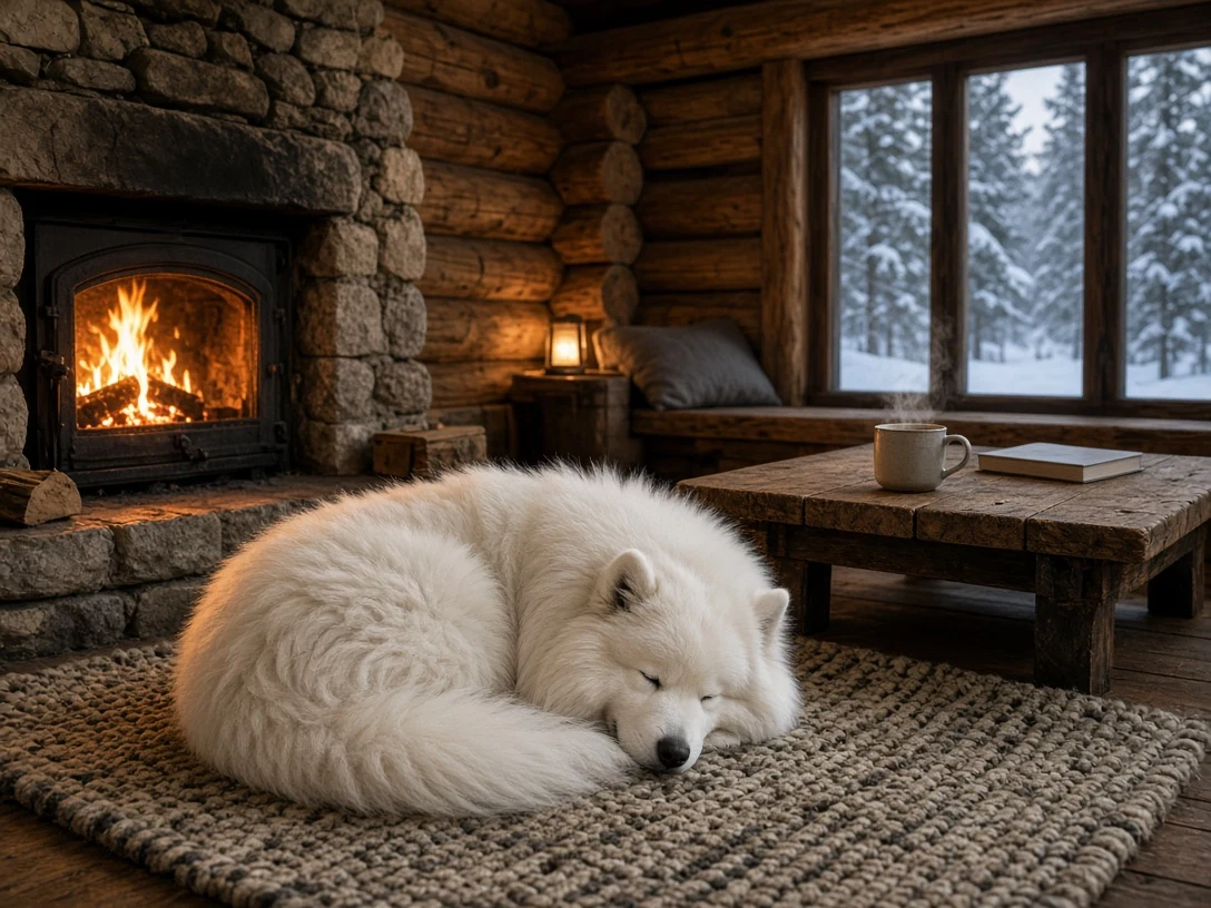 Cozy Scandinavian Hearthside Nap Beside Stacked Firewood