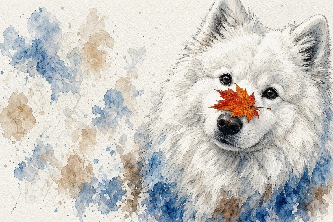 Whimsical Ink and Watercolor Samoyed with Crimson Maple Leaf