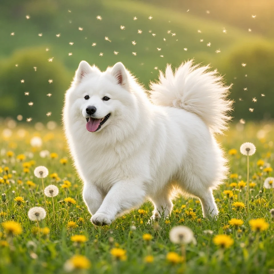 Sun-Drenched Meadow Trot Amidst Floating Dandelion Seeds