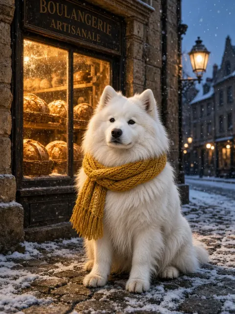 Old Town Winter Dusk Street Scene in Warm Cafe Glow