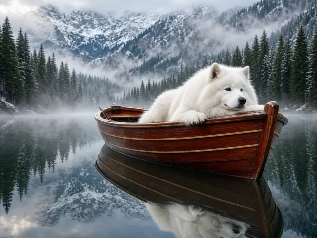 Vintage Wooden Rowing Boat on Mirror-Still Glacial Water