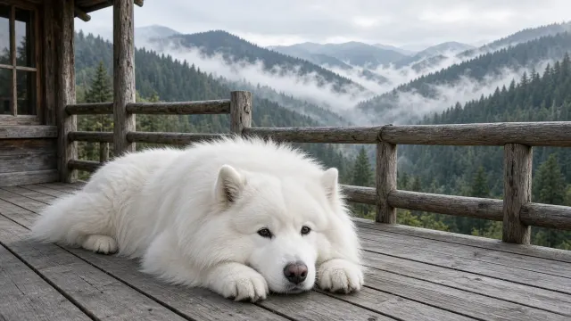 Rustic Cedar Porch Relaxation with Mountain Fog Backdrop