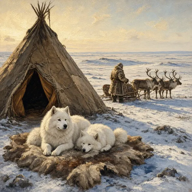 Classical Realism Oil Painting of Siberian Nenets Nomad Camp