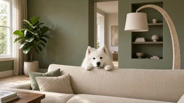 Playful Peek Over Minimalist Linen Living Room Sofa